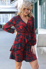 NWT Uguest Black & Red Floral Faux-Wrap Long Sleeve Mini-Dress