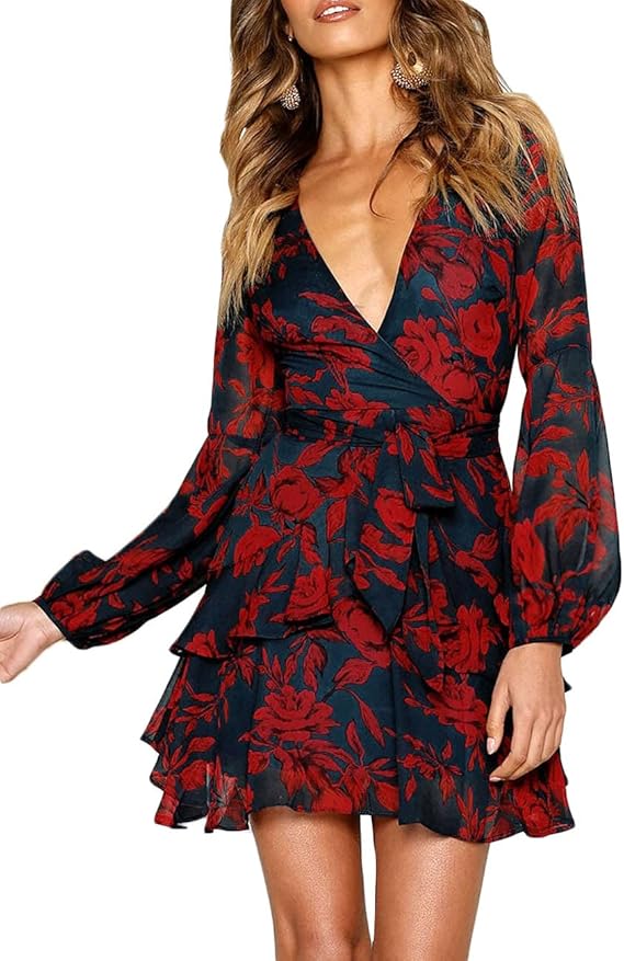 NWT Uguest Black & Red Floral Faux-Wrap Long Sleeve Mini-Dress