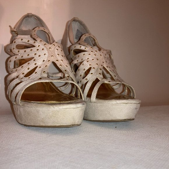 J. Lo Jade Greige Strappy Gold Studded Platform Stiletto Heels