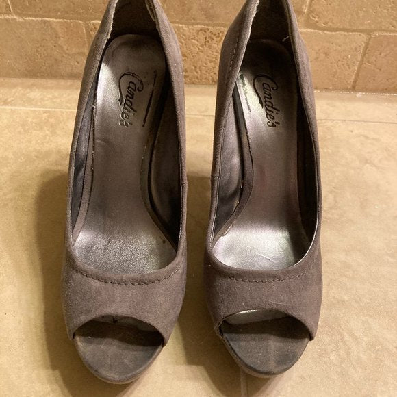 Candie’s Gray Brushed Suede Stiletto Open Toe Heel