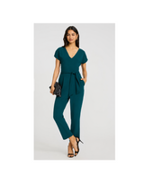Express V-Neck Tie Waist Straight Leg Jumpsuit with Pockets in Deep Teal