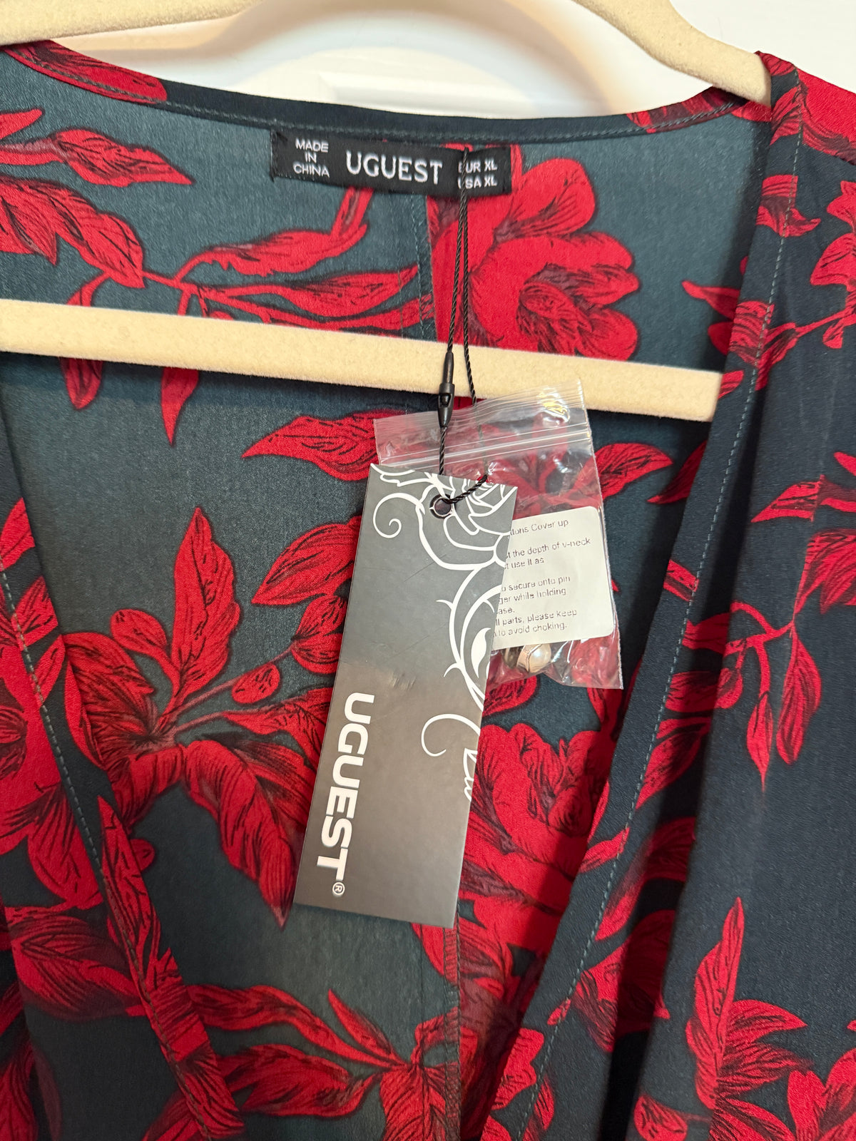 NWT Uguest Black & Red Floral Faux-Wrap Long Sleeve Mini-Dress