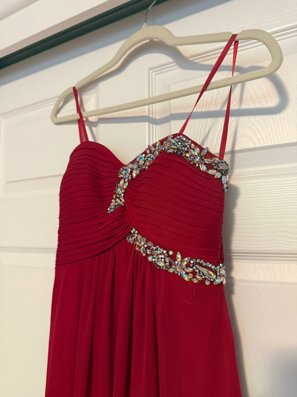 Red Chiffon Rhinestone Strapless Mini Dress