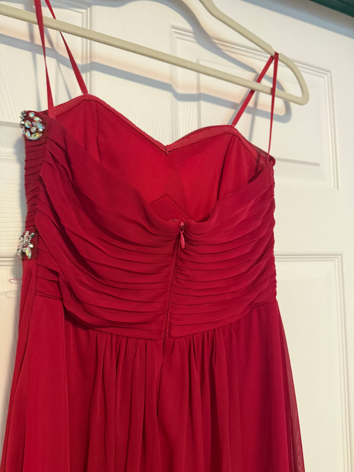 Red Chiffon Rhinestone Strapless Mini Dress