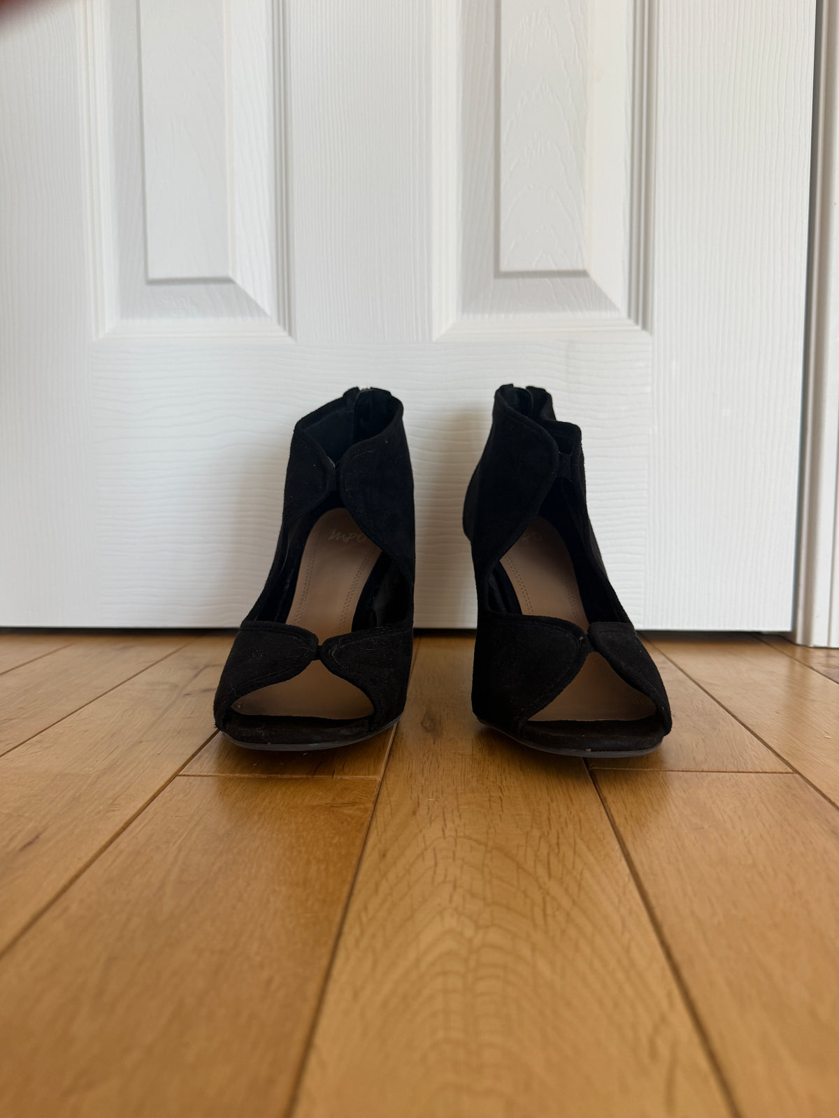 IMPO Black Peep Toe Cutout Scallop Heels w/ Zip Back