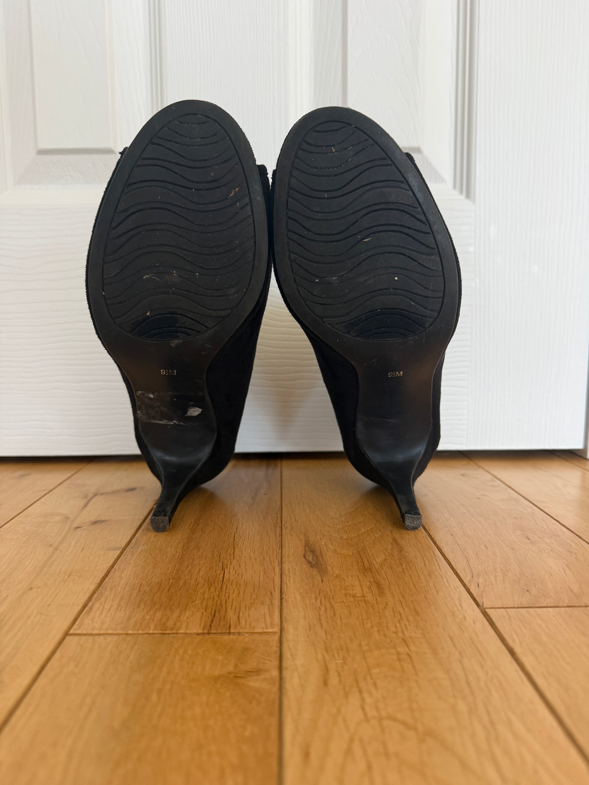 IMPO Black Peep Toe Cutout Scallop Heels w/ Zip Back