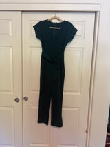Express V-Neck Tie Waist Straight Leg Jumpsuit with Pockets in Deep Teal