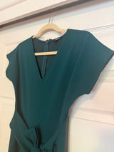 Express V-Neck Tie Waist Straight Leg Jumpsuit with Pockets in Deep Teal
