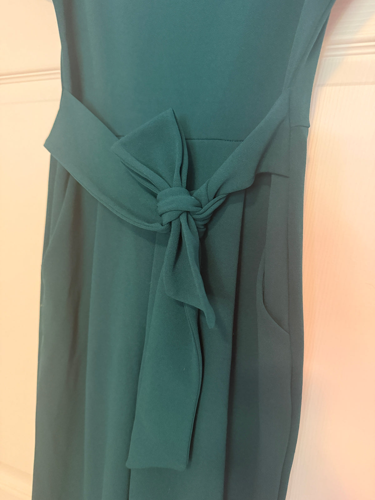 Express V-Neck Tie Waist Straight Leg Jumpsuit with Pockets in Deep Teal