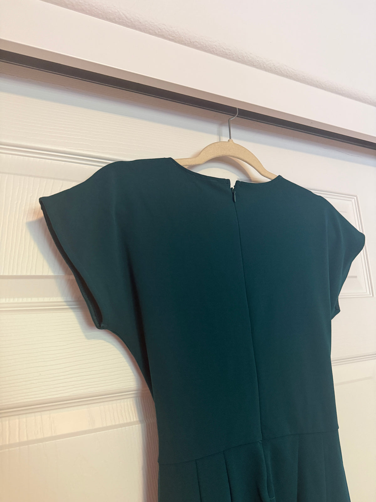 Express V-Neck Tie Waist Straight Leg Jumpsuit with Pockets in Deep Teal