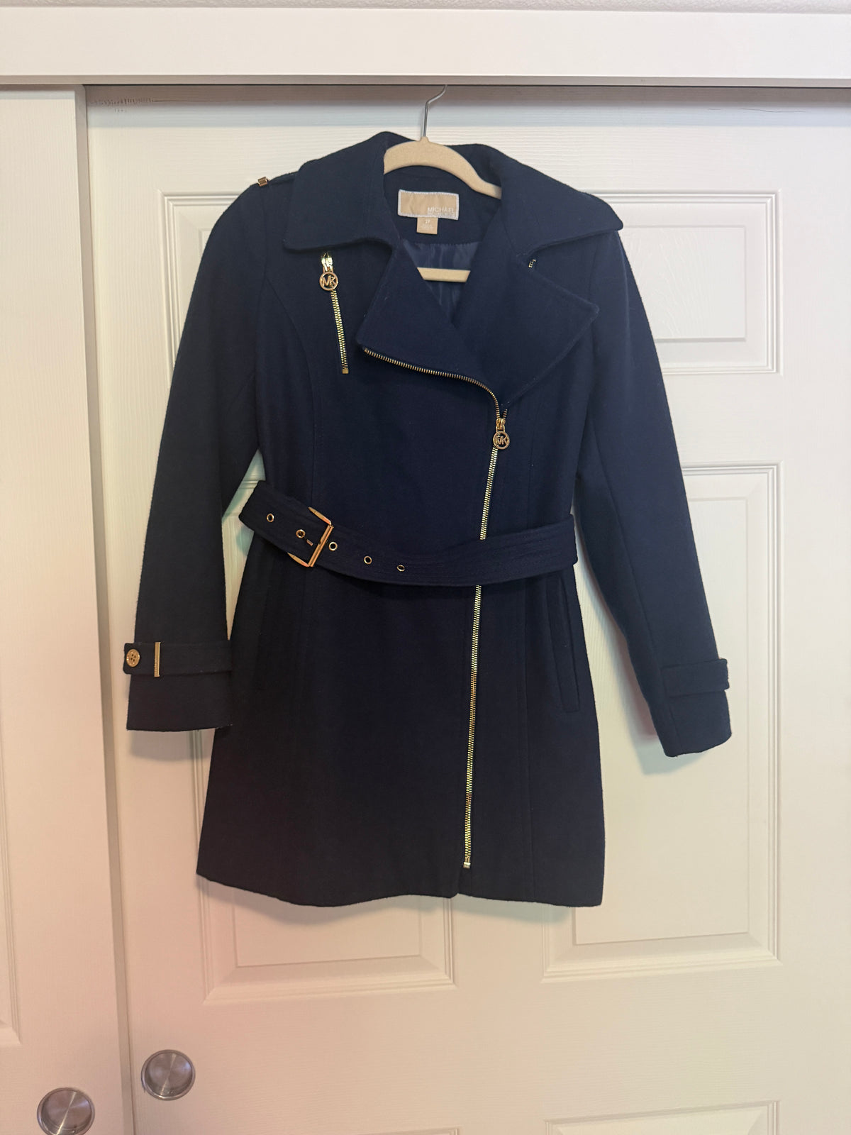 Michael Kors Navy Blue Wool Blend Belted Asymmetrical Zip Coat