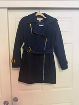 Michael Kors Navy Blue Wool Blend Belted Asymmetrical Zip Coat