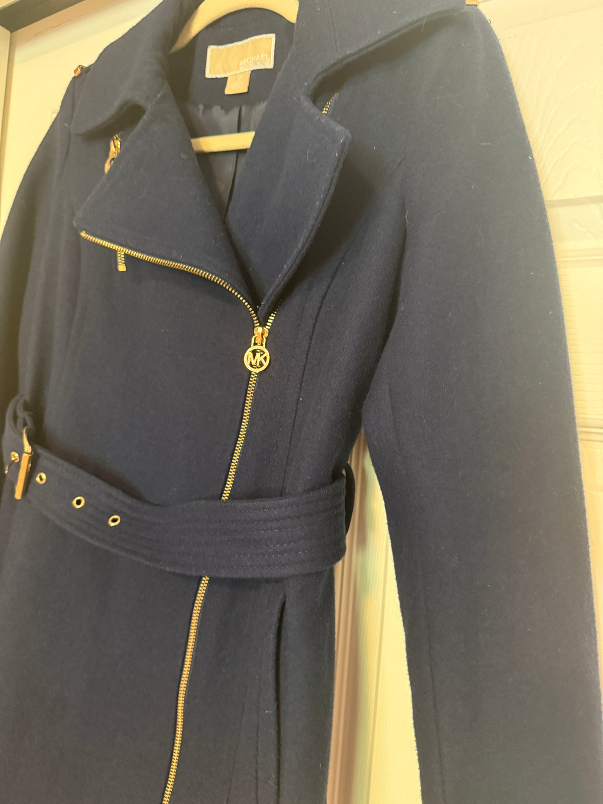 Michael Kors Navy Blue Wool Blend Belted Asymmetrical Zip Coat