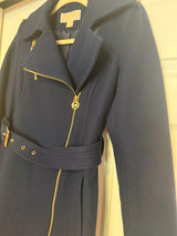 Michael Kors Navy Blue Wool Blend Belted Asymmetrical Zip Coat