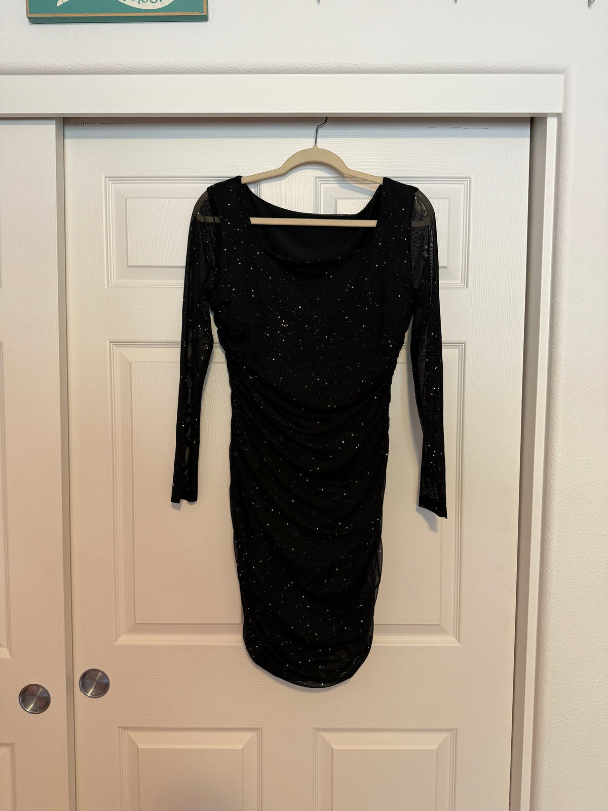 NWT MOEENCN Mesh Dress Sparkly Long Sleeve Square Collar Ruched Bodycon Dress