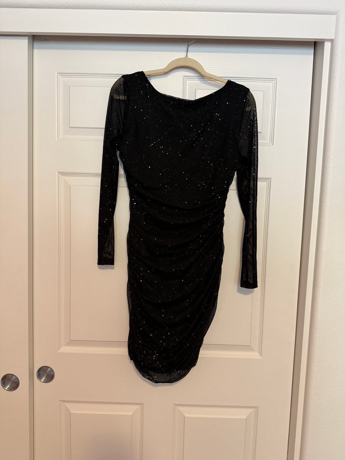 NWT MOEENCN Mesh Dress Sparkly Long Sleeve Square Collar Ruched Bodycon Dress