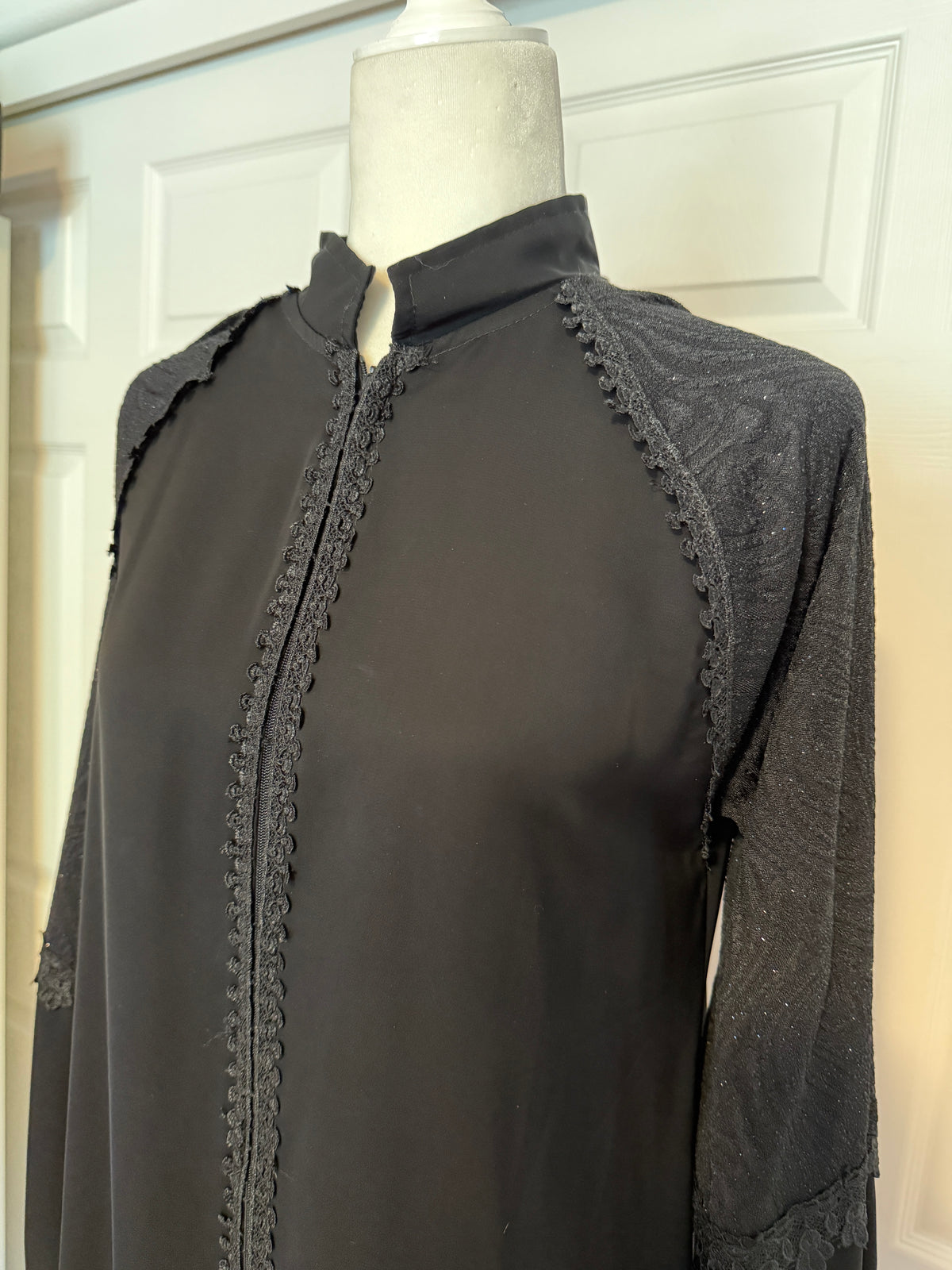 Gorgeous Black Semi-sheer shimmer lace zip up housecoat robe