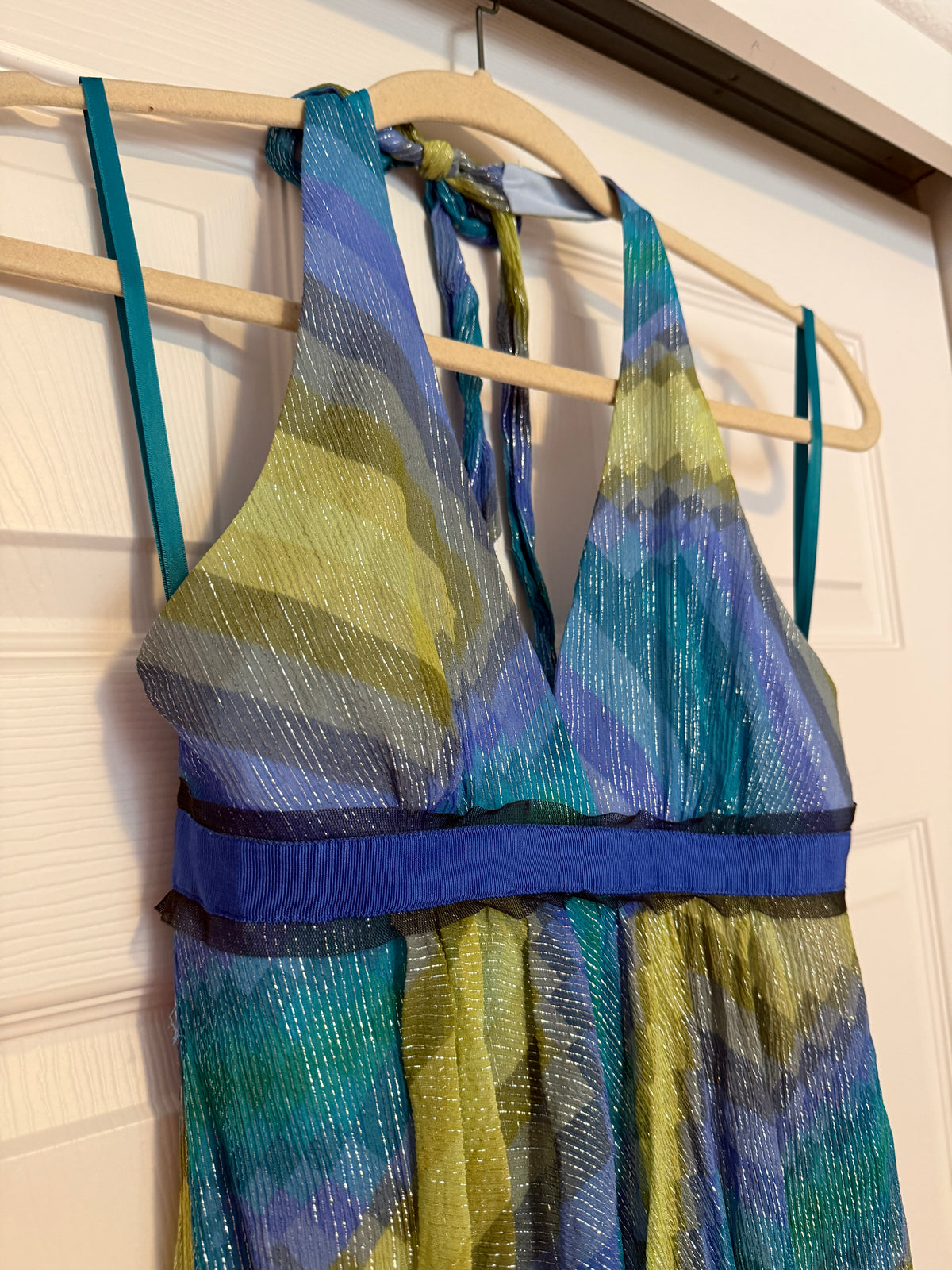 BCBG MaxAzria Bright Chambray Print Halter Maxi Dress