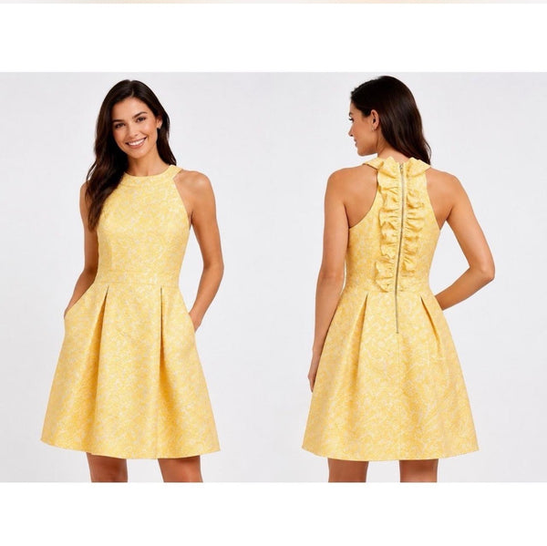 Disney's Beauty and the Beast Yellow Brocade Ruffle Halter Dress