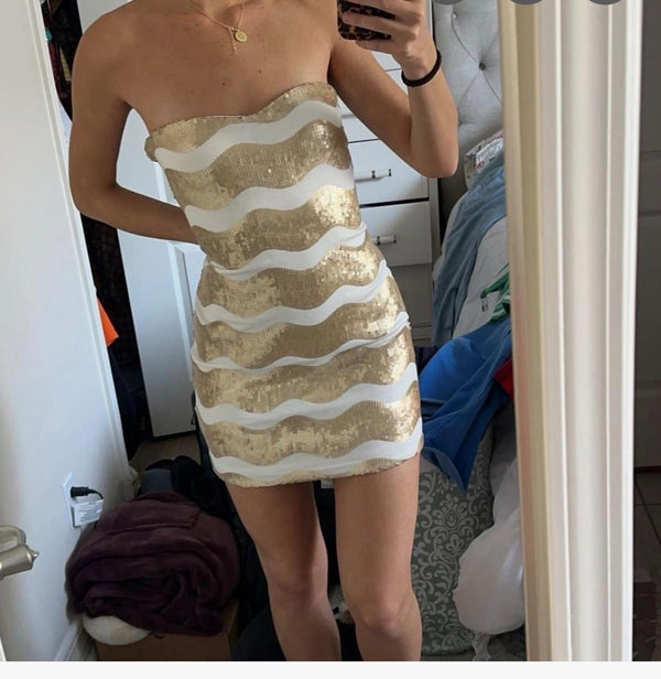 Frederick's of Hollywood Gold & White Sequin Strapless Mini Cocktail Dress