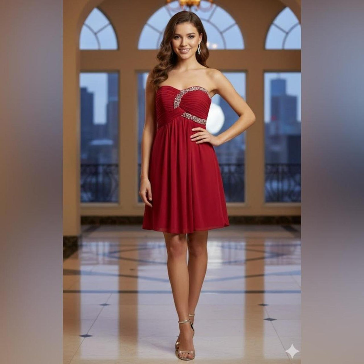 Red Chiffon Rhinestone Strapless Mini Dress