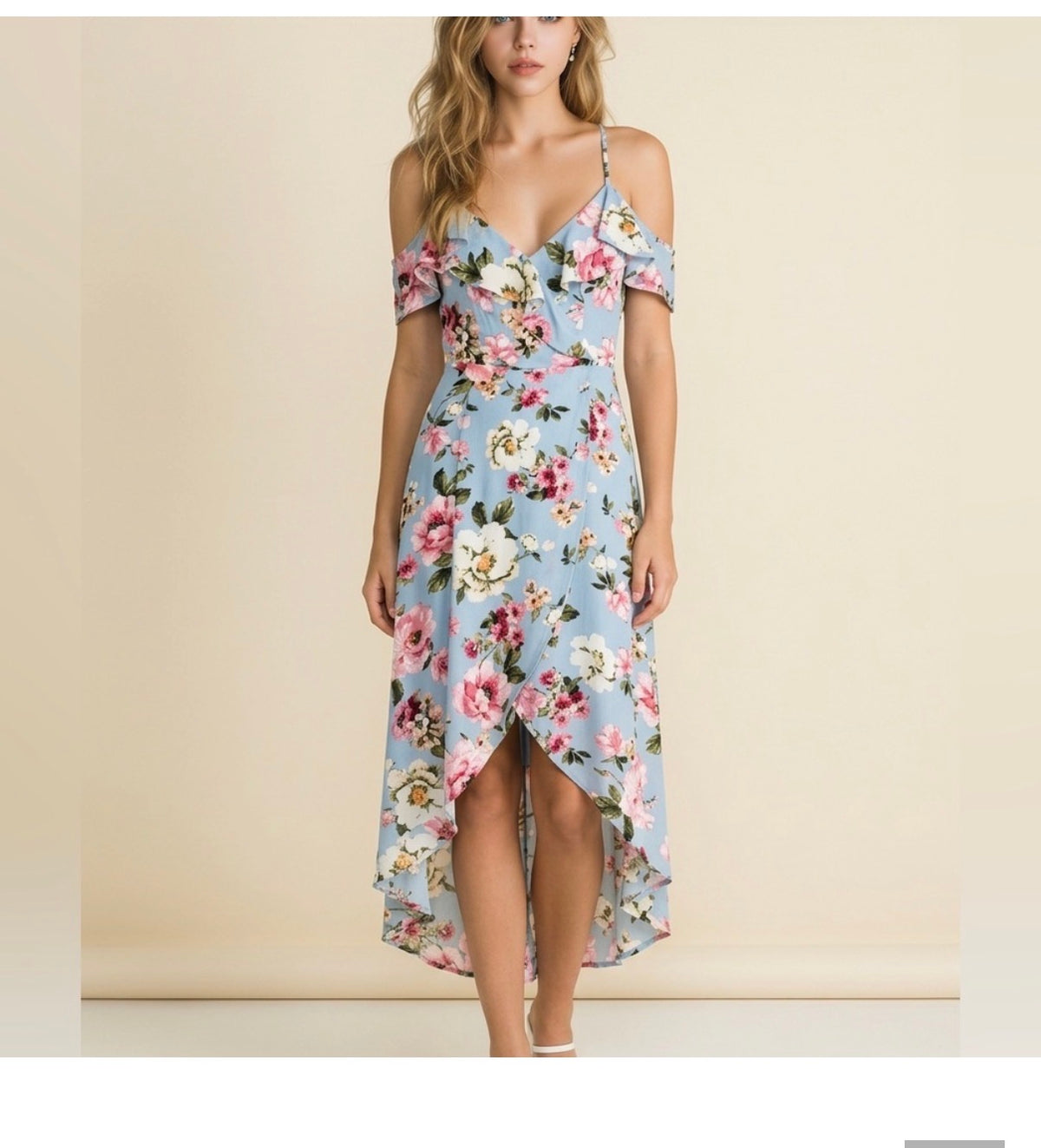 IZ Byer blue floral cold shoulder hi-low wrap dress