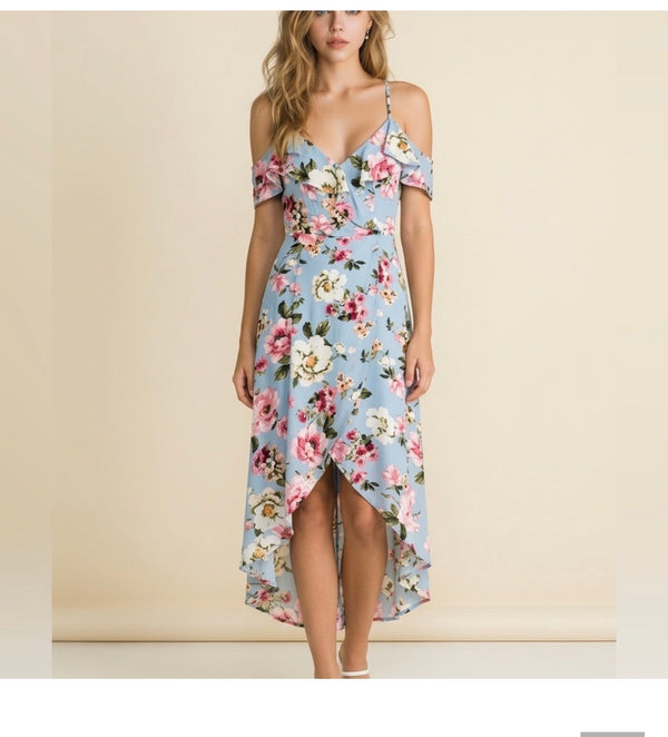 IZ Byer blue floral cold shoulder hi-low wrap dress