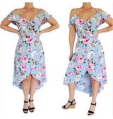 IZ Byer blue floral cold shoulder hi-low wrap dress