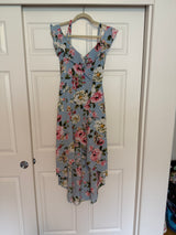 IZ Byer blue floral cold shoulder hi-low wrap dress