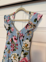 IZ Byer blue floral cold shoulder hi-low wrap dress