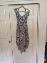 IZ Byer blue floral cold shoulder hi-low wrap dress