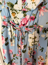 IZ Byer blue floral cold shoulder hi-low wrap dress