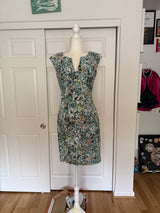 Adrianna Papell green/blue floral print cap-sleeve gathered sheath dress