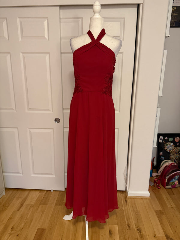 Morilee Madeline Gardner Halter Cross-Neck Floor-Length Gown in Berry Red