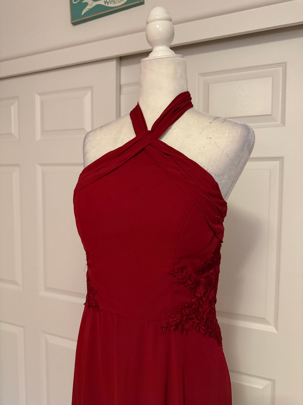 Morilee Madeline Gardner Halter Cross-Neck Floor-Length Gown in Berry Red