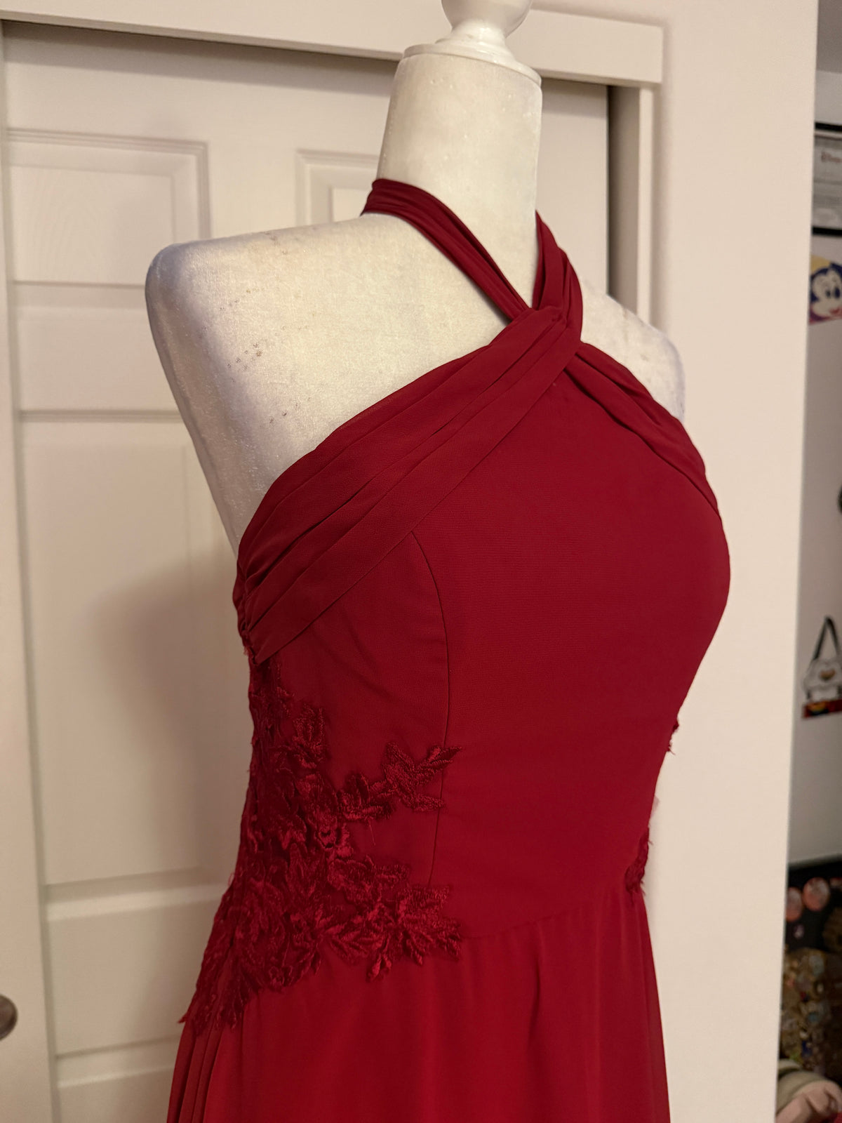 Morilee Madeline Gardner Halter Cross-Neck Floor-Length Gown in Berry Red