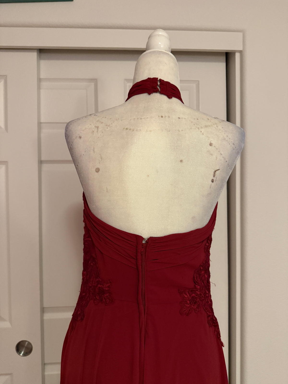 Morilee Madeline Gardner Halter Cross-Neck Floor-Length Gown in Berry Red