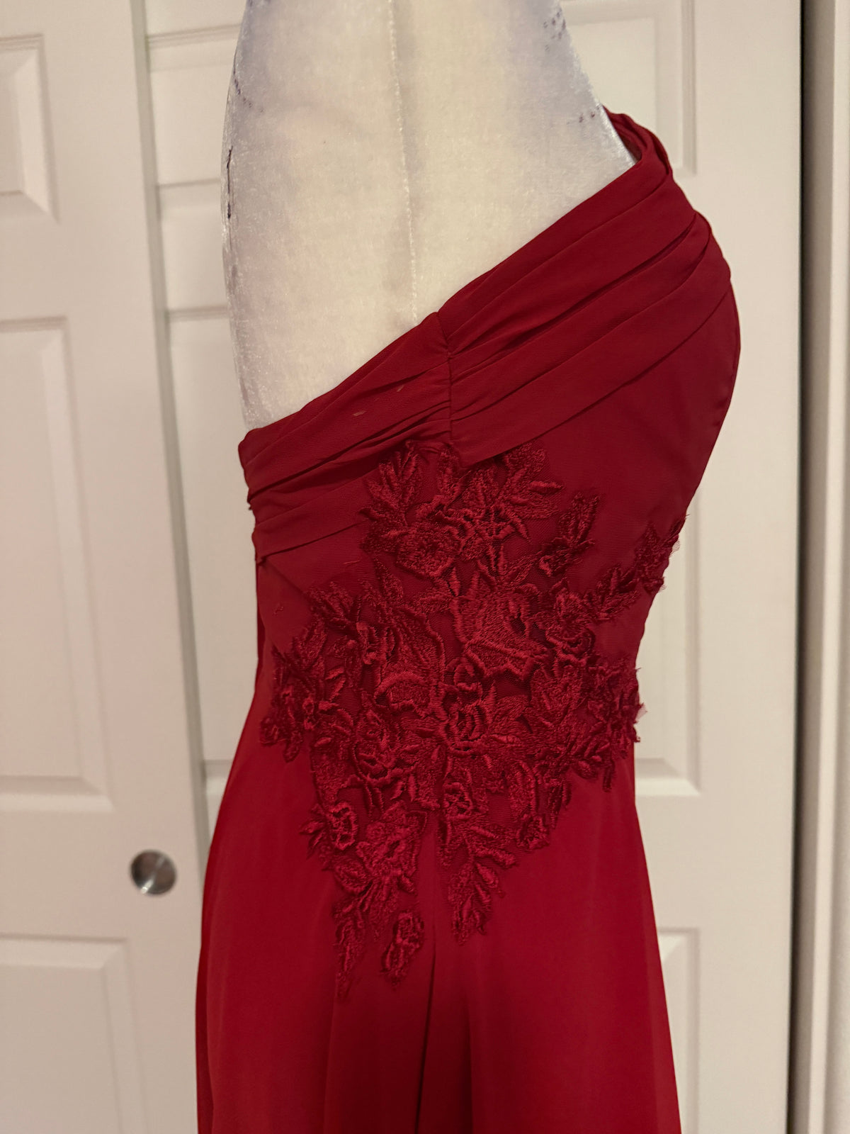 Morilee Madeline Gardner Halter Cross-Neck Floor-Length Gown in Berry Red
