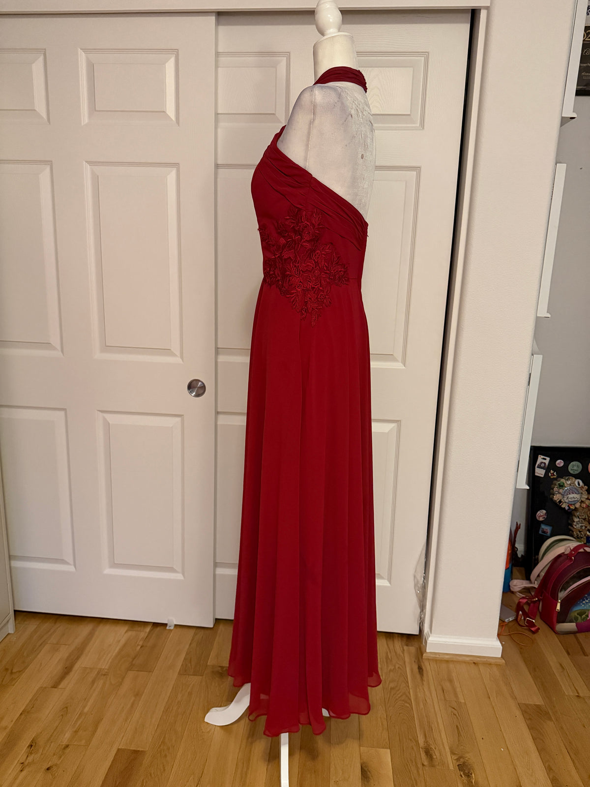 Morilee Madeline Gardner Halter Cross-Neck Floor-Length Gown in Berry Red