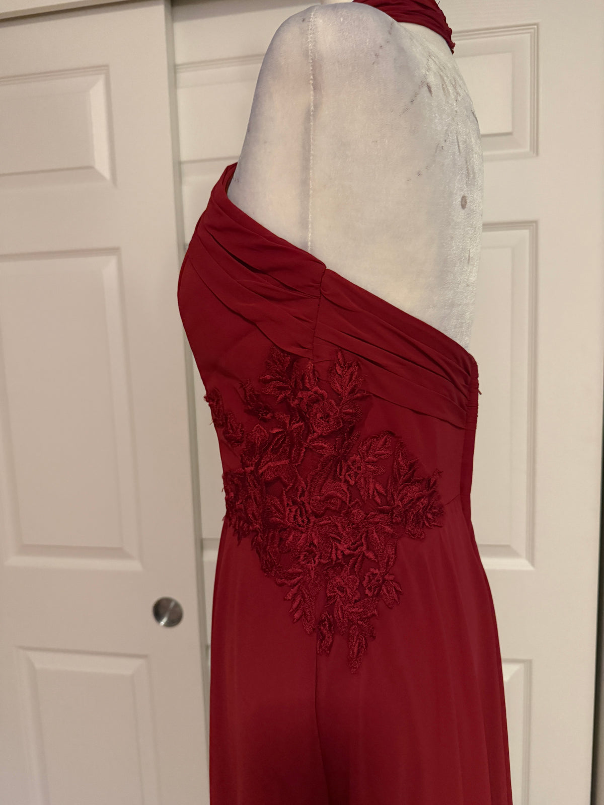 Morilee Madeline Gardner Halter Cross-Neck Floor-Length Gown in Berry Red