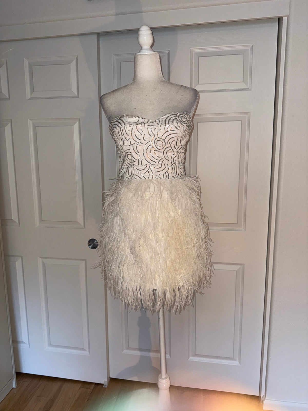 Bebe Isis Sequin Feather Dress in White/SIlver