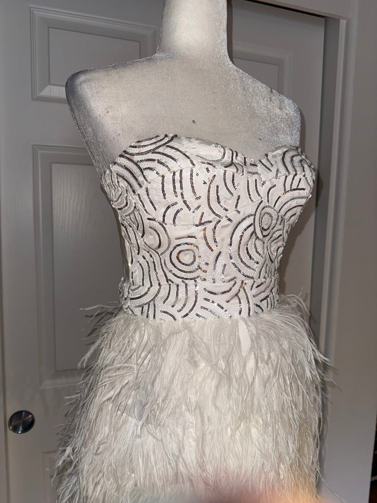Bebe Isis Sequin Feather Dress in White/SIlver