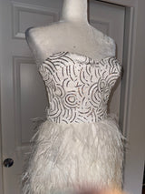 Bebe Isis Sequin Feather Dress in White/SIlver