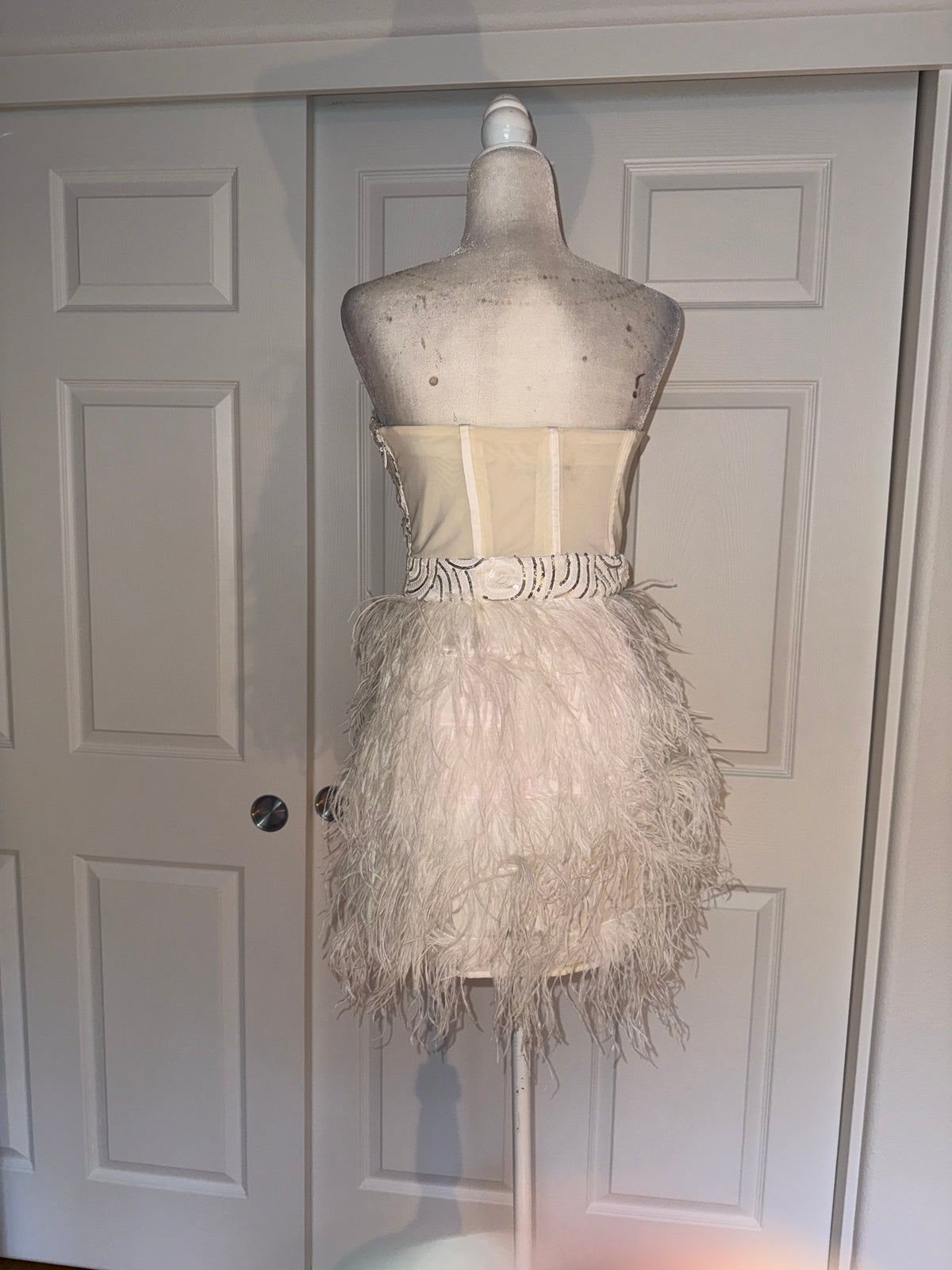 Bebe Isis Sequin Feather Dress in White/SIlver