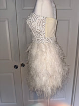Bebe Isis Sequin Feather Dress in White/SIlver