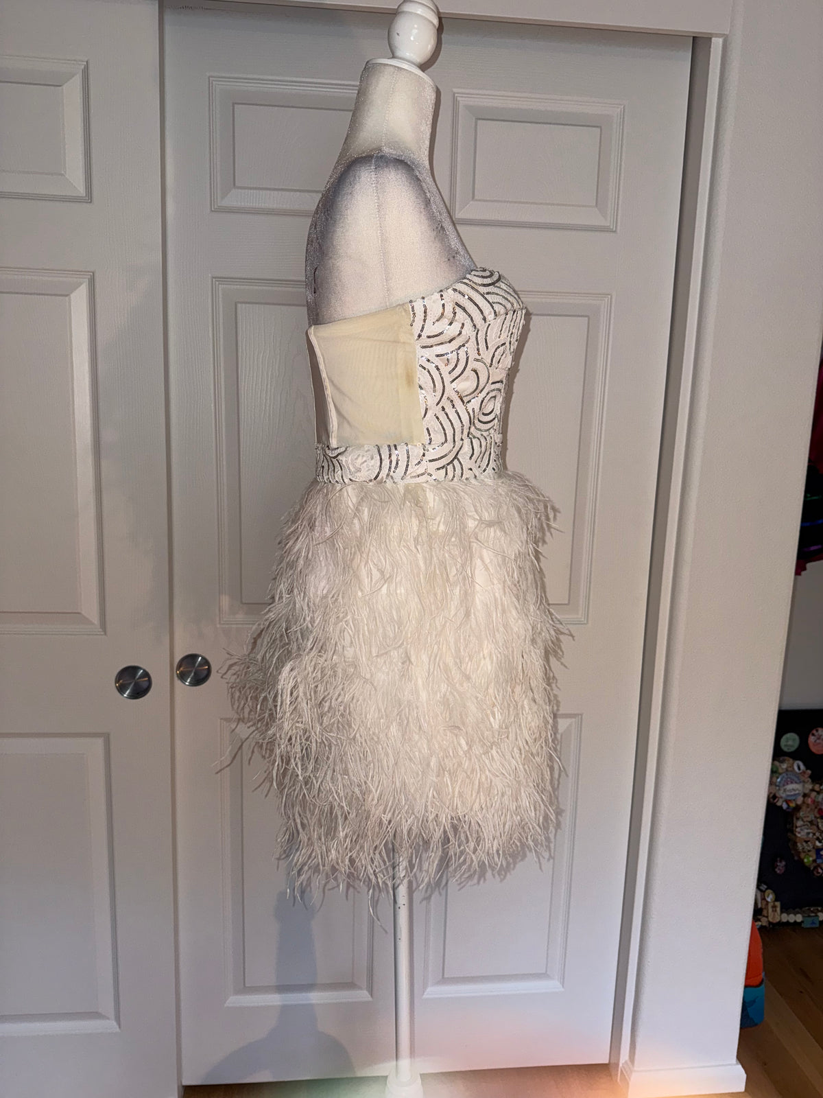 Bebe Isis Sequin Feather Dress in White/SIlver