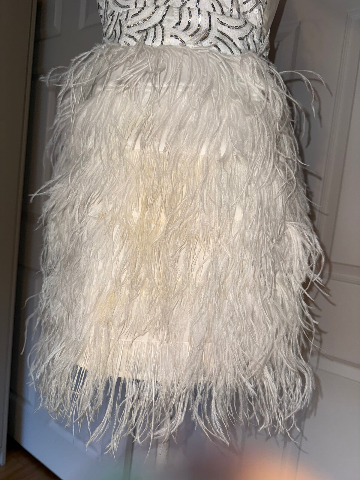 Bebe Isis Sequin Feather Dress in White/SIlver