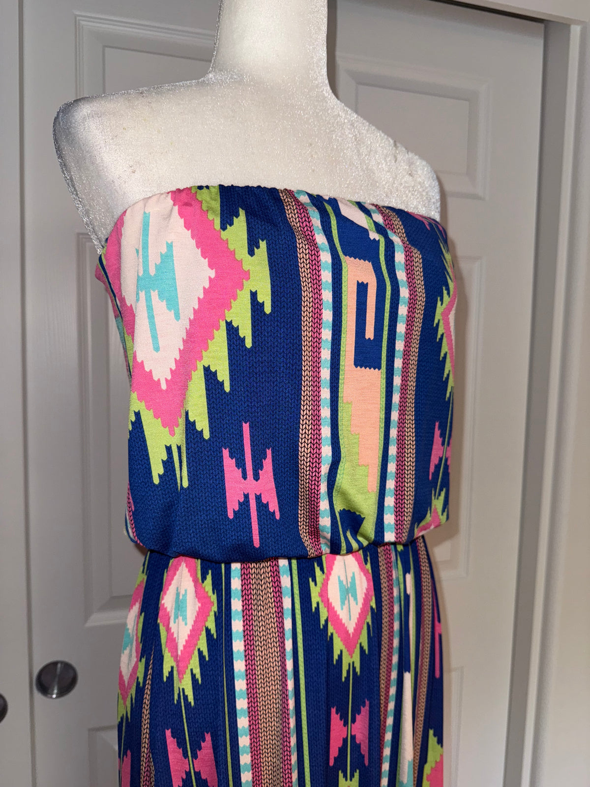Style Rack Strapless Blue Aztec print maxi dress