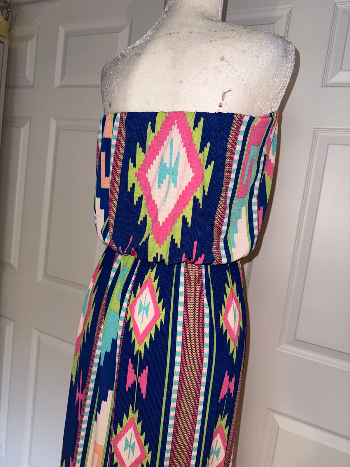 Style Rack Strapless Blue Aztec print maxi dress