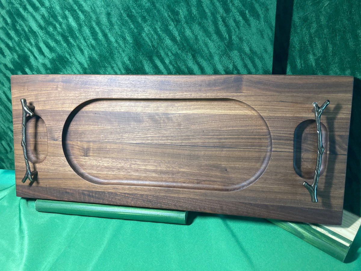 Hand Routed serving tray with metal handles and feet